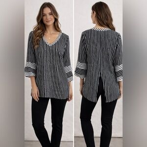 Renuar Black/White Striped Blouse with Tank Top Open Back 3 Layer 3/4 Sleeve SzS